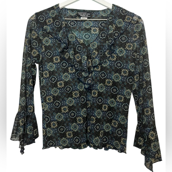 Y2K Burnout Mesh Bell Sleeve Blouse Dark Floral Print Hippie Fairy Grunge S - Picture 1 of 4